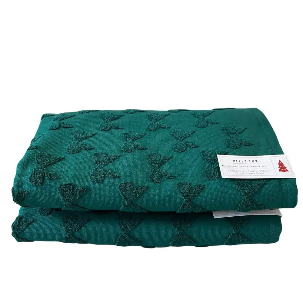 Bella Lux Christmas Bows Bath Towel Set of 2 Chic Holiday Green Bathroom Decor